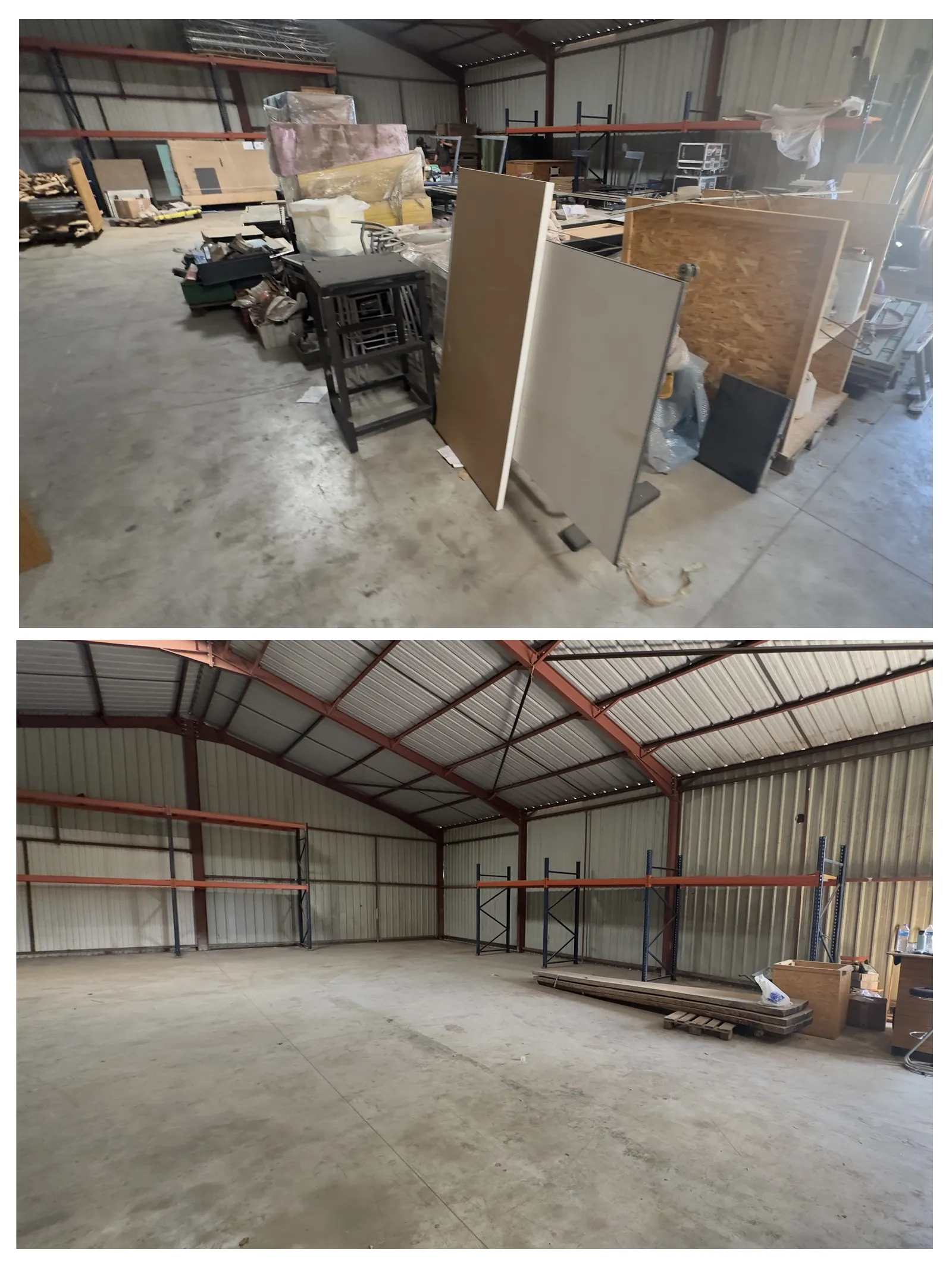 Débarras complet d'un hangar entrepôt avant après