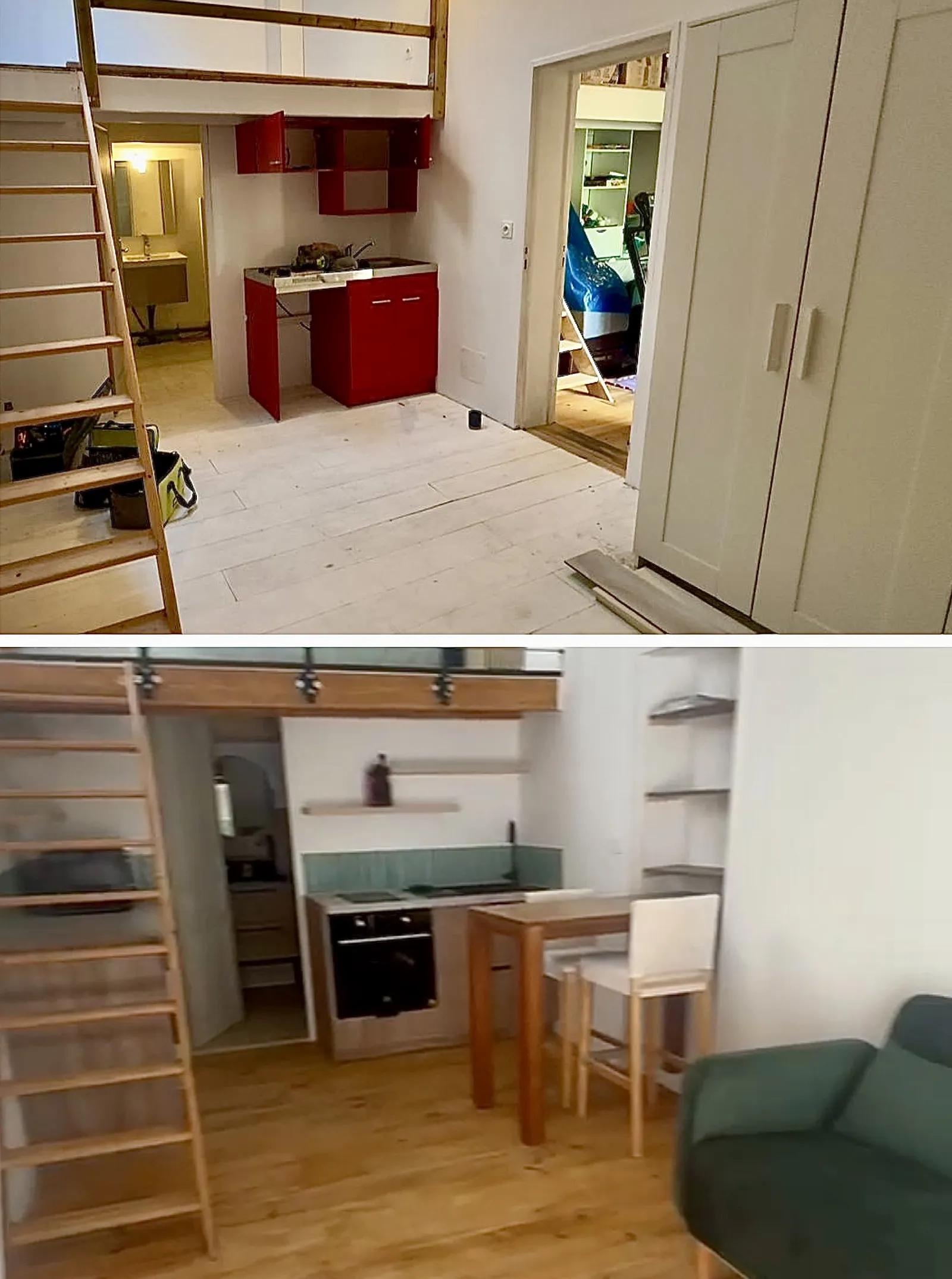 Studio avec mezzanine, cuisine et coin repas rénové