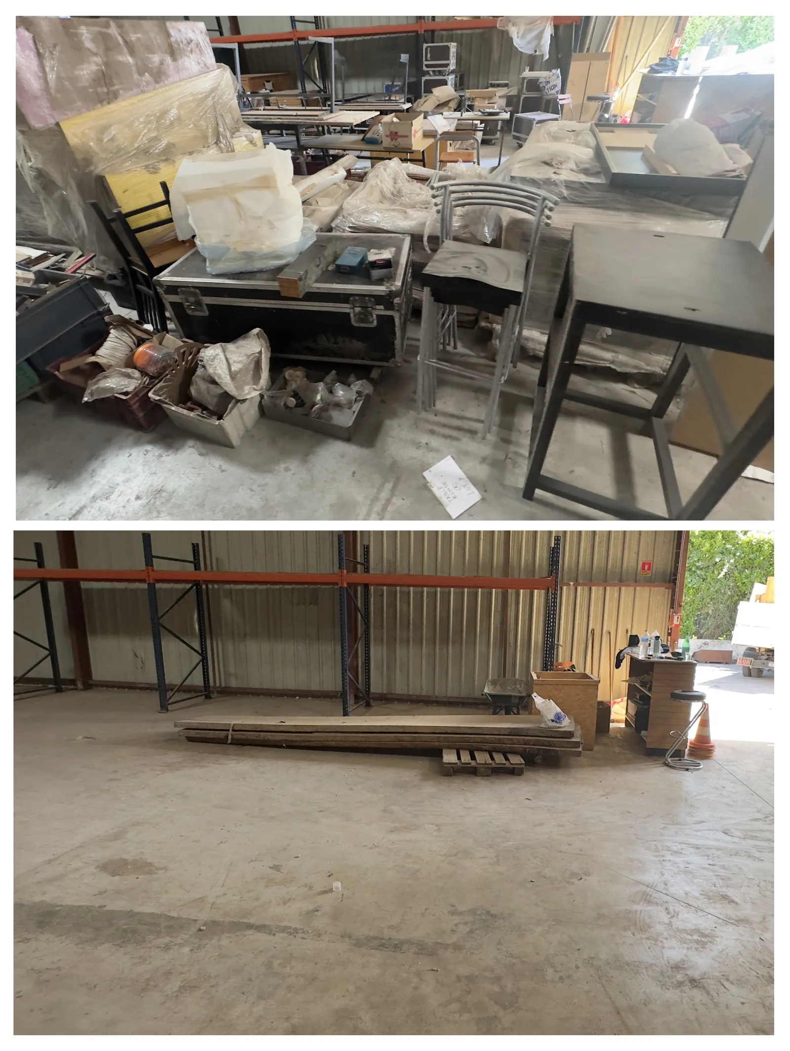 Débarras d'un hangar avec mobilier avant après