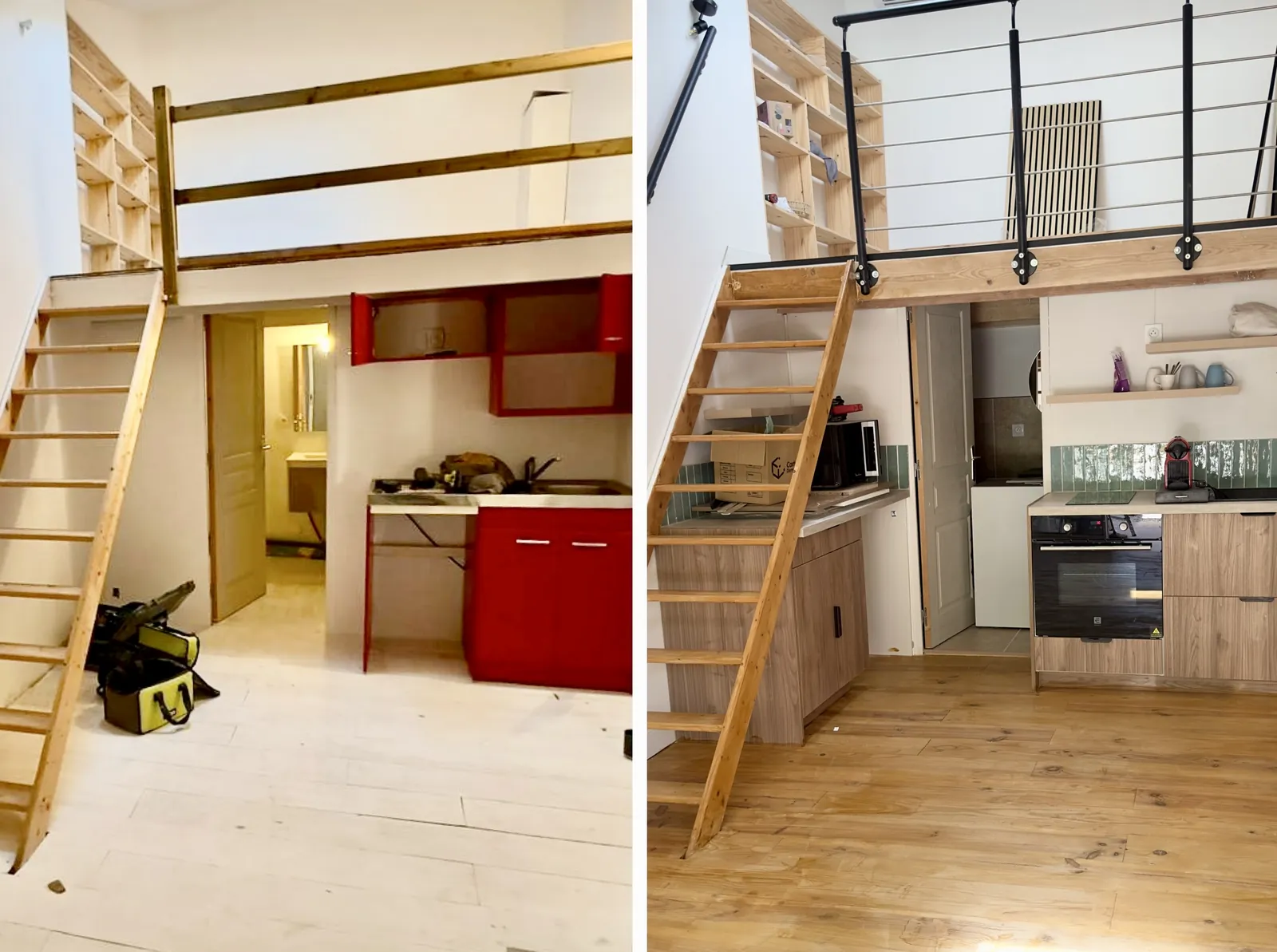 Remise en état studio cuisine et sol avant après